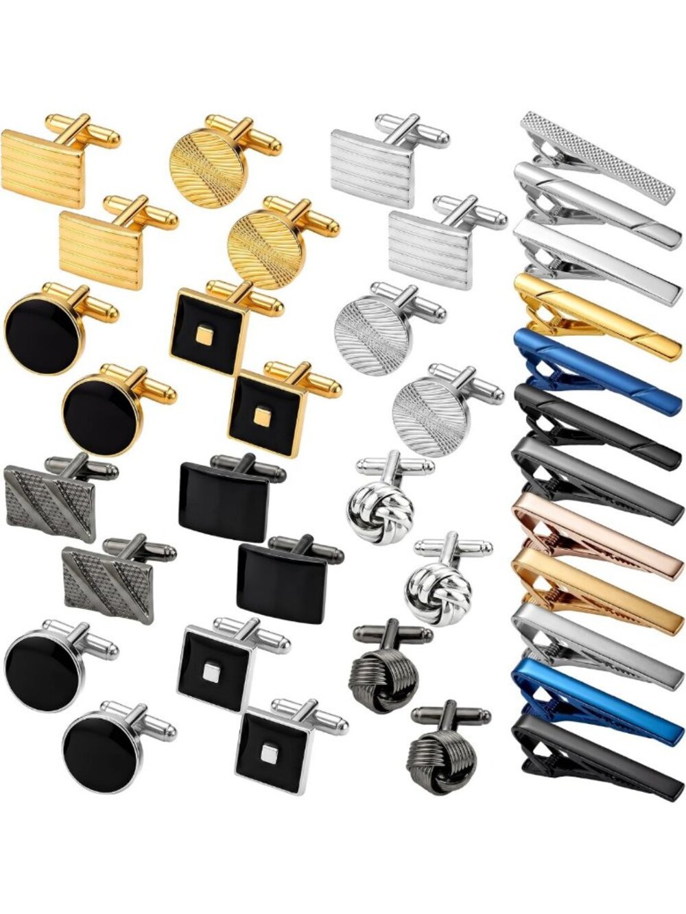 36 Pcs Men's Cufflinks & Tie Clips Set - Stylish Metal Accessories for Formal